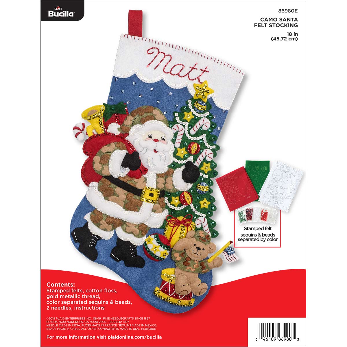 Bucilla Camo Santa Felt Applique Stocking Kit, 18 inch